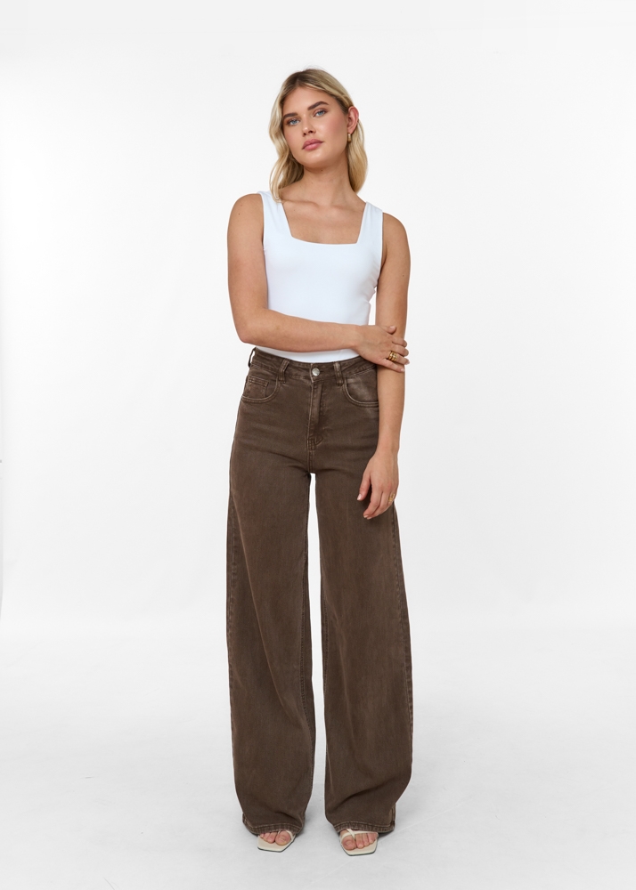 Wide leg stretch jeans choco bruin