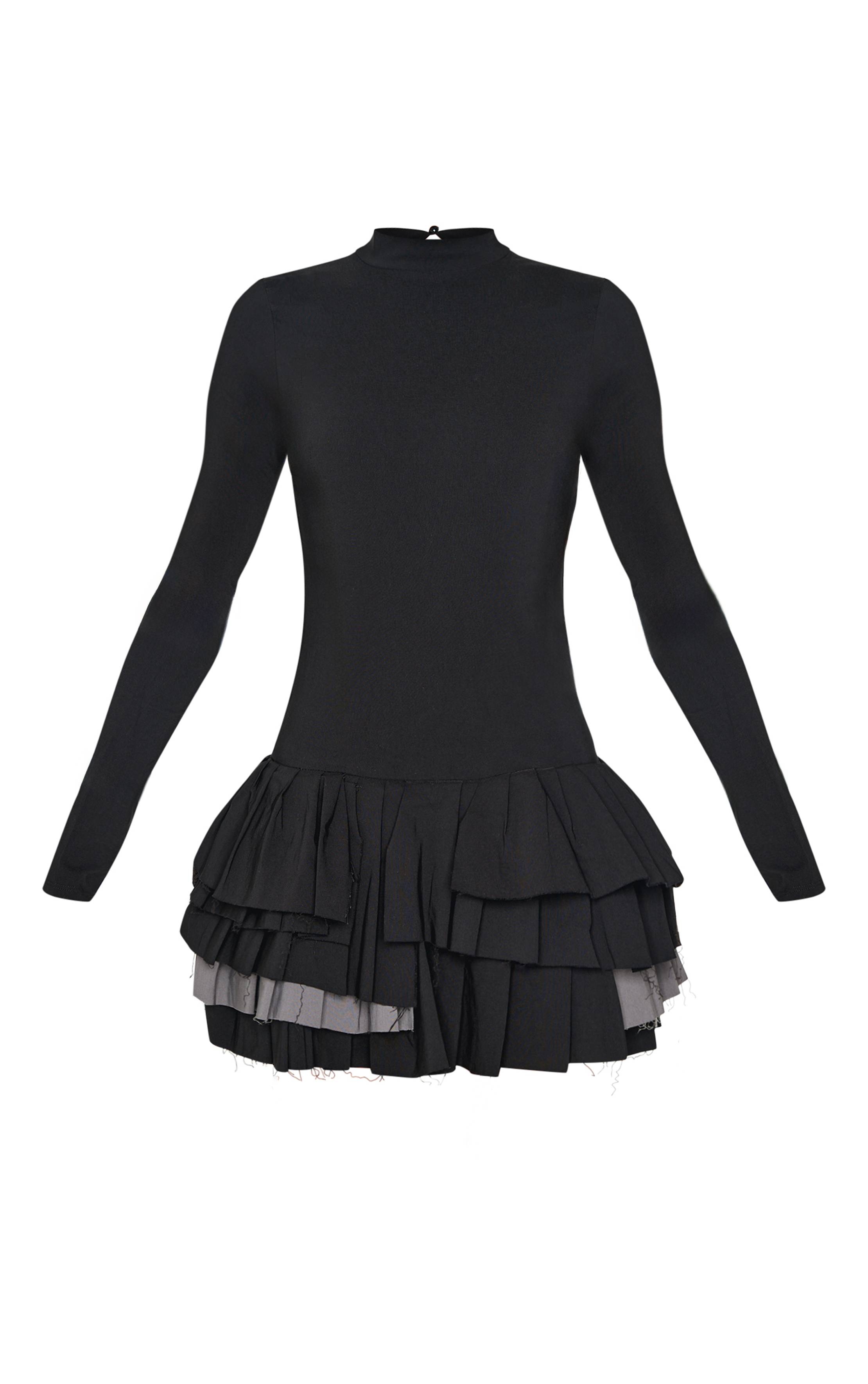 Noir Robe Droite À Manches Longues En Tissu Tissé Extensible Avec Plissage Extrême
