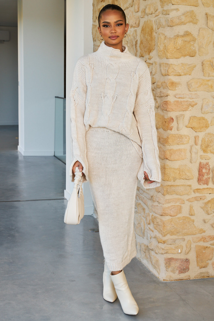 Ensemble 2 pièces pull + jupe en maille beige