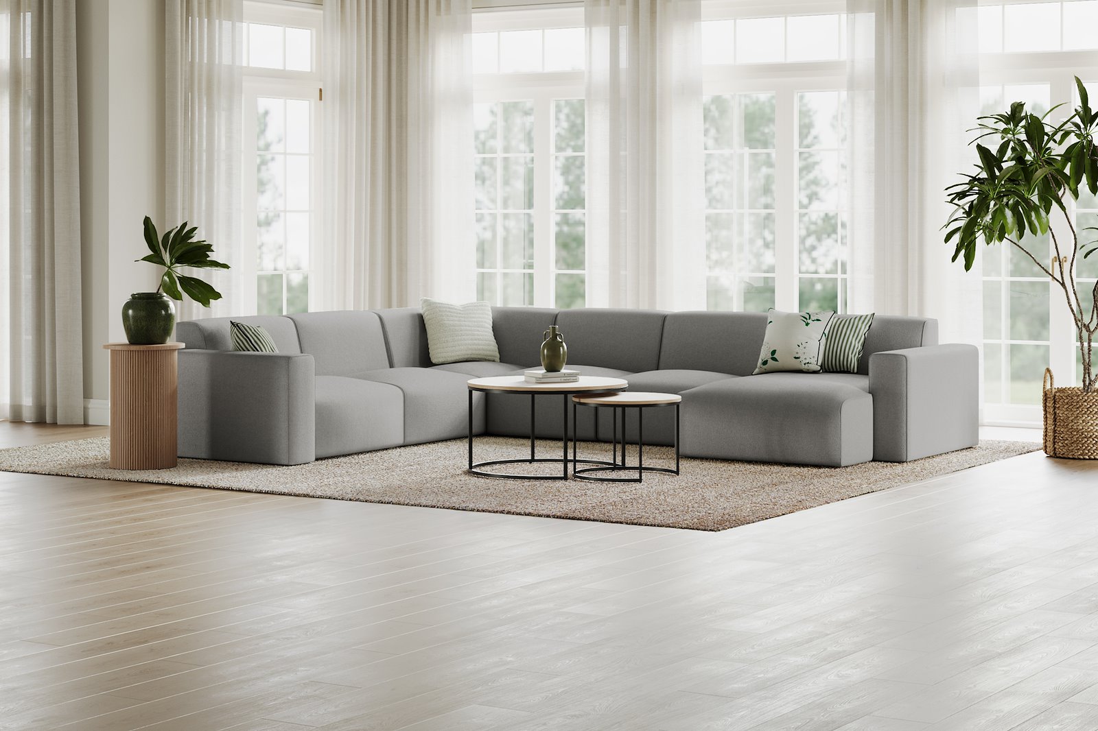 Styl U-sofa 2-seter venstre, 2-seter og sjeselong høyre. Tekstil Neve 3 Grey med sorte ben.