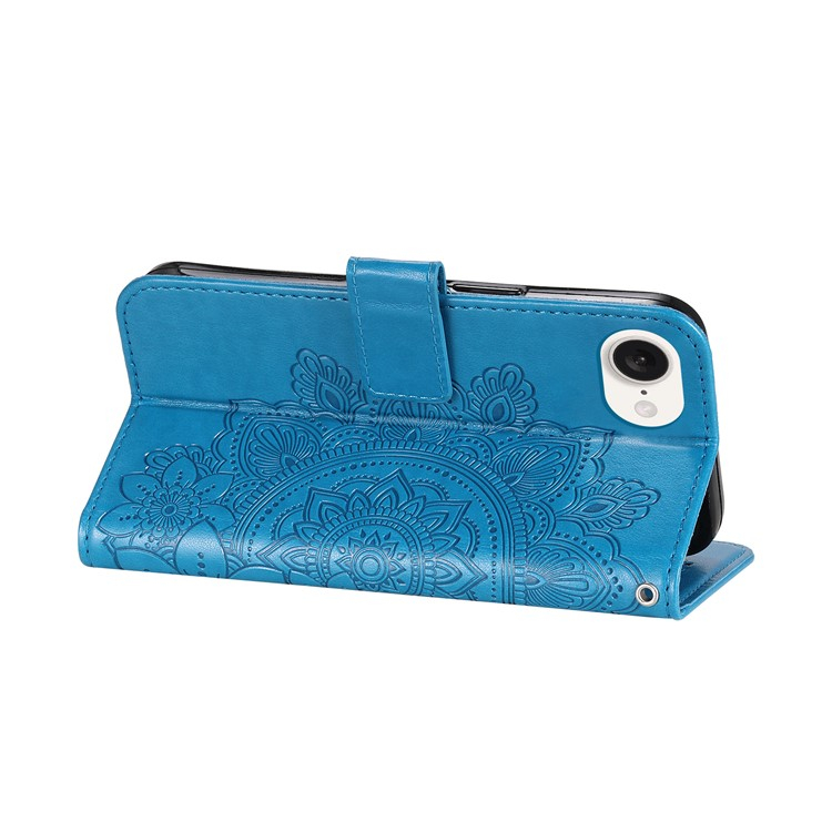 iPhone 16e Leder Tasche Wallet - Mandala Flowers Imprint - Blau