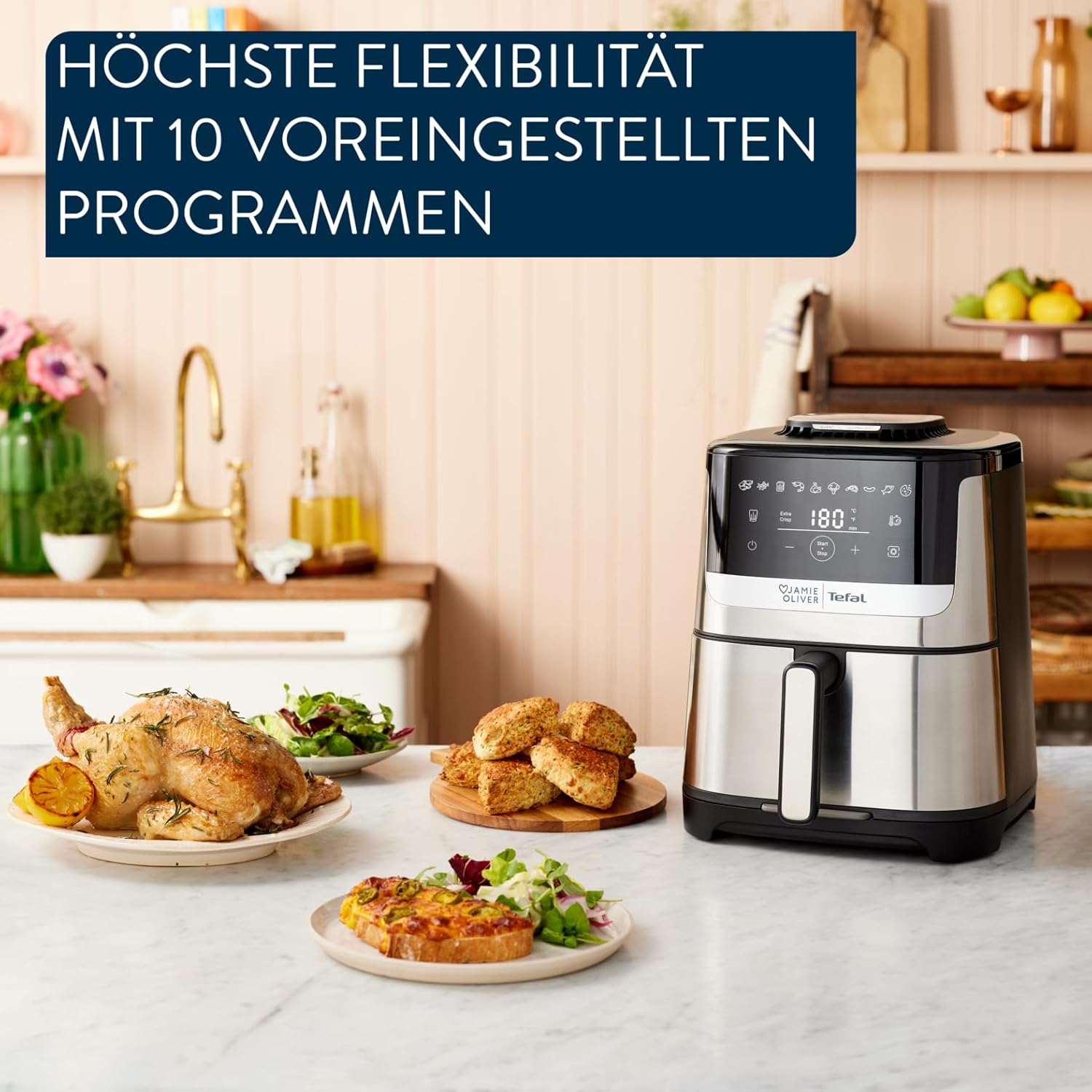 Jamie Oliver by Tefal Easy Fry Silence Deluxe Heißluftfritteuse, sehr leise, 10 voreingestellte Programme, digitaler Touchscreen, 5 l, inkl. Druckguss-Gitterrost + Deckel, Schwarz/Edelstahl, EY55JDE0