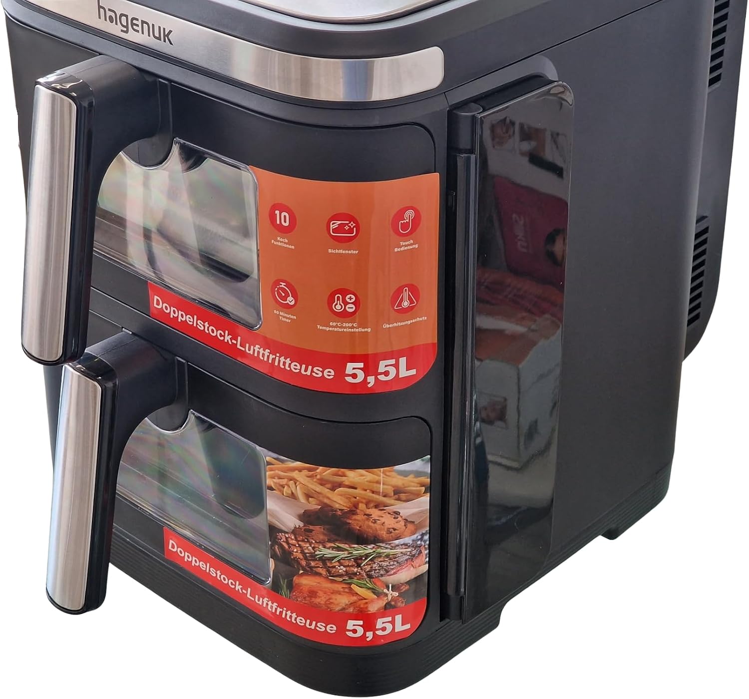 Premium Doppel-Heißluftfritteuse 2×5,5L mit Sichtfenster, 10 Programmen, Grill-Einsatz, Touchdisplay, Sync-Match-Funktion, 2800W, Modell DAF 2800.12 Designed in Germany