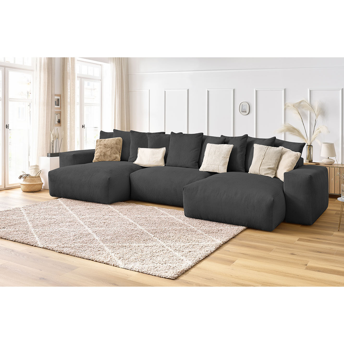 Bobochic Canapé panoramique fixe ultra moelleux voltaire velours côtelé gris foncé - 420x174x75 cm