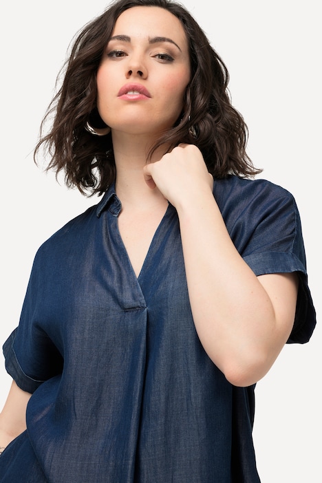 Lyocell-Bluse, Oversized, Hemdkragen, Halbarm