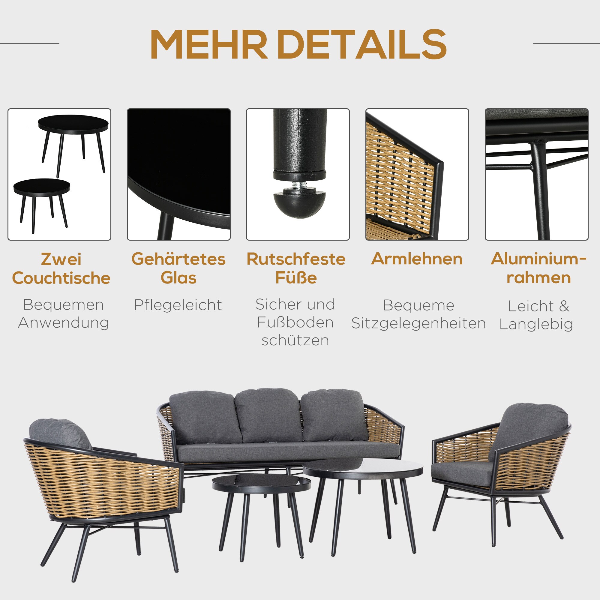 Outsunny Gartenmöbel-Set mit geflecht Design natur 187L x 77B x 77H cm