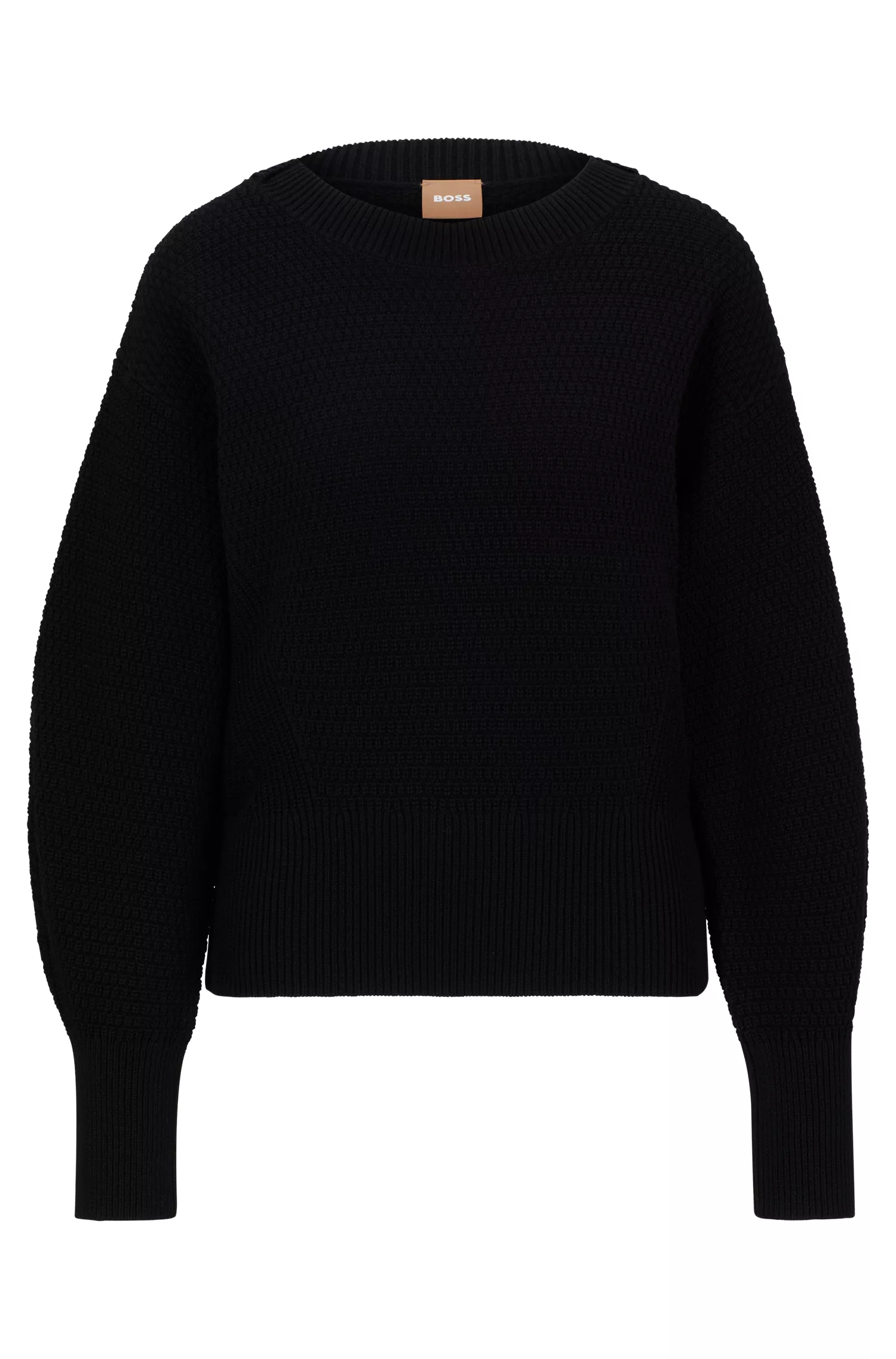 Suéter BOSS preto com textura mista em algodão orgânico e seda.