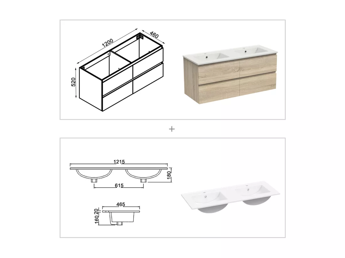 Meuble Salle de Bain 120cm avec colonne + miroir lumineux 3 couleurs Chêne Wotan