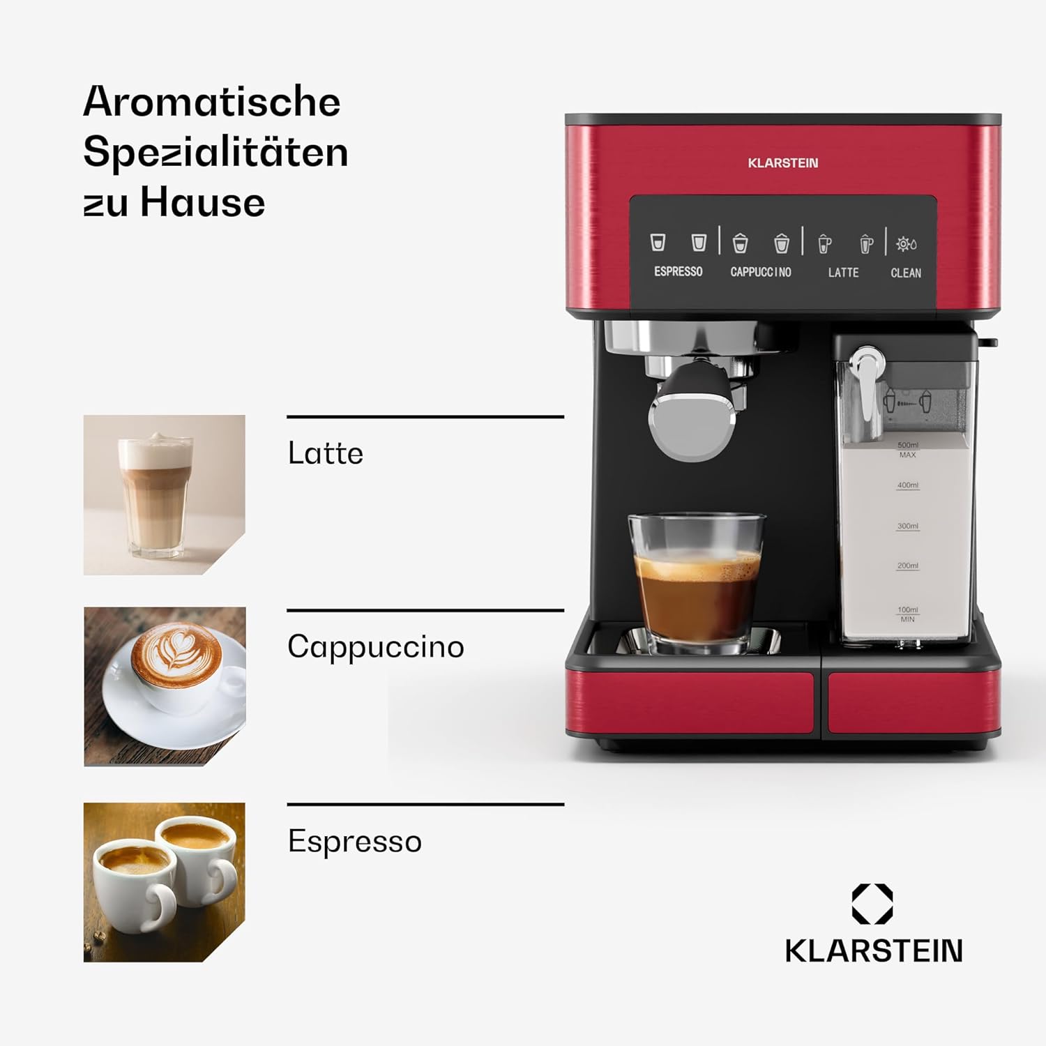 Klarstein Arabica Comfort Siebträgermaschine – 20-Bar, 1350W, Mit Milchaufschäumer, Für Gemahlenen Kaffee & Pads, 1,8L Wassertank, Touch-Bedienfeld, Abnehmbarer Milchtank, Aufschäumdüse aus Edelstahl