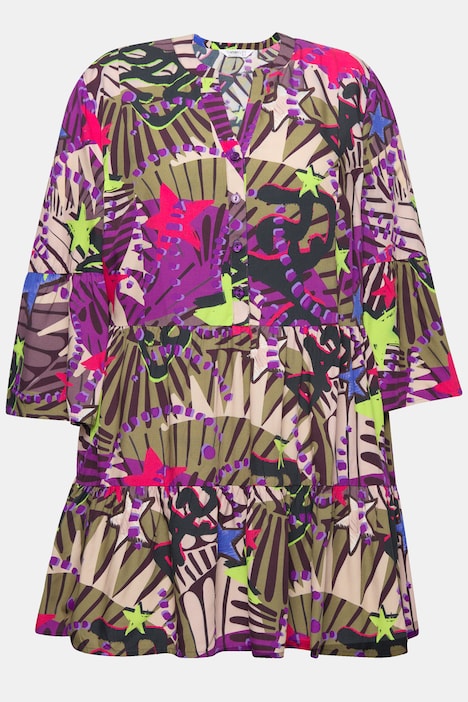 Bluse, Sternen-Mustermix, Knopfleiste, 3/4-Ärmel, Volants