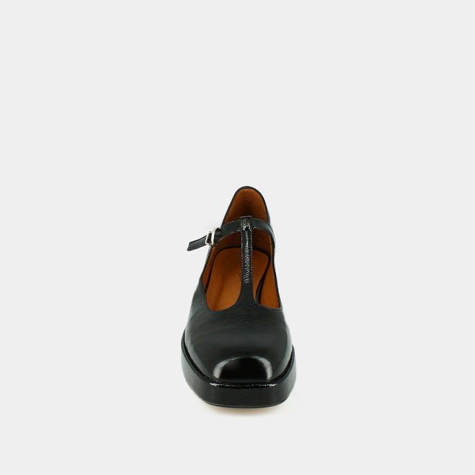 Salomés à petits talons et semelles épai...  en vernis plissé noir