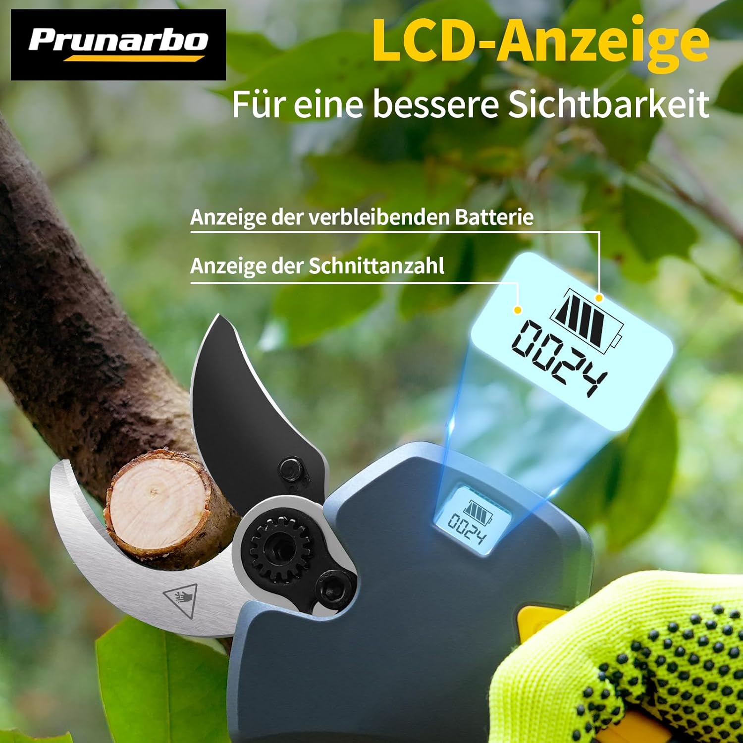 40mm Elektrische Gartenschere Akku Astschere mit 2x 2.0Ah Batterien 800W Bürstenlosen Motor LCD-Anzeige Schere für Garten Hecken und Sträucher, Kompatibel mit 18V Akkus (PR-E40)