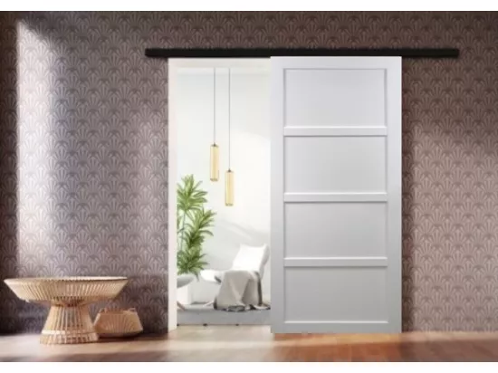 Porte Coulissante Tamera Blanc 4 Panneaux H204 X L63 + Rail Alu Bandeau Noir Gd Menuiseries
