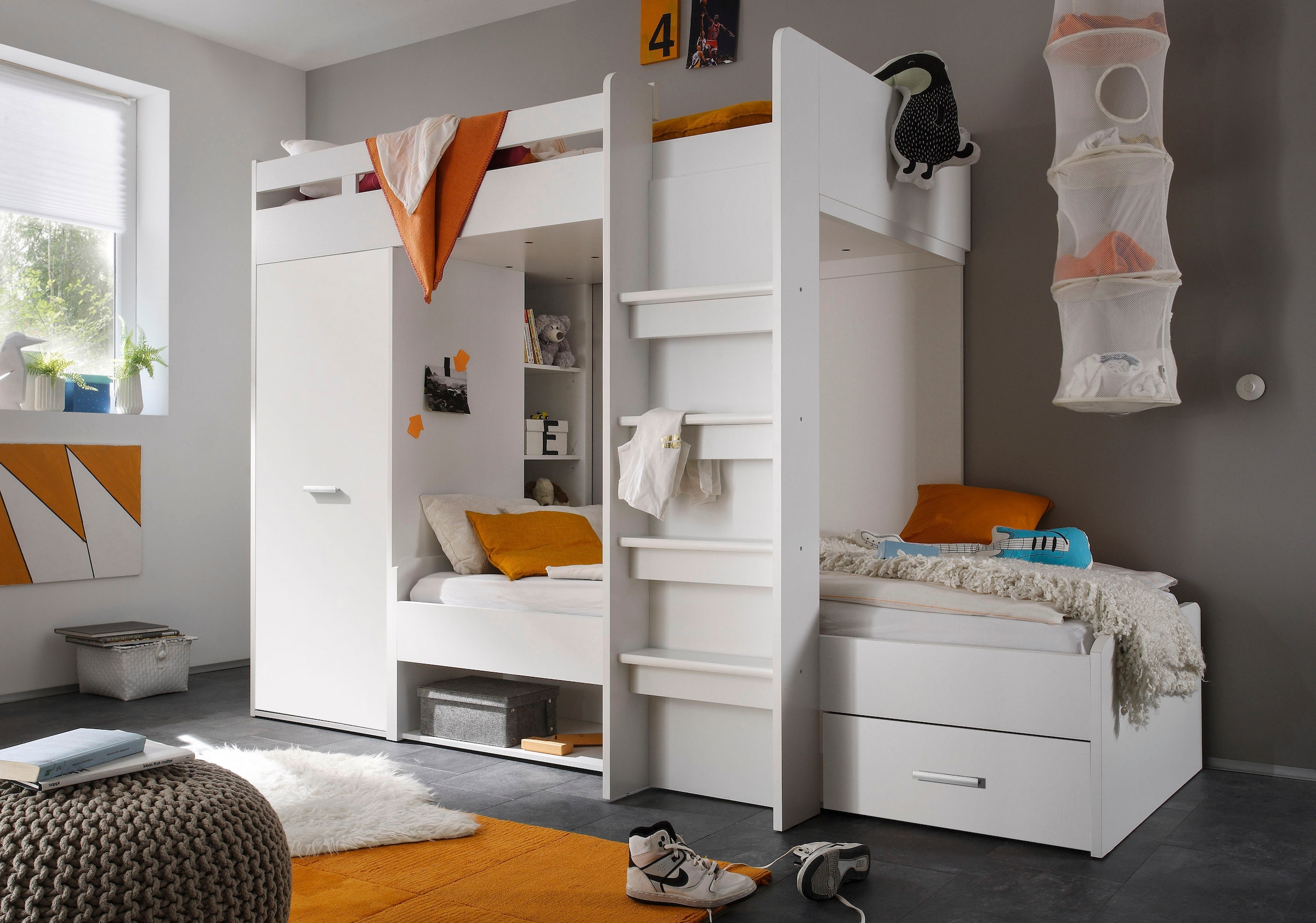 Begabino Hochbett »MAXI« mit 2 Liegeflächen, Kleiderschrank und Regalen