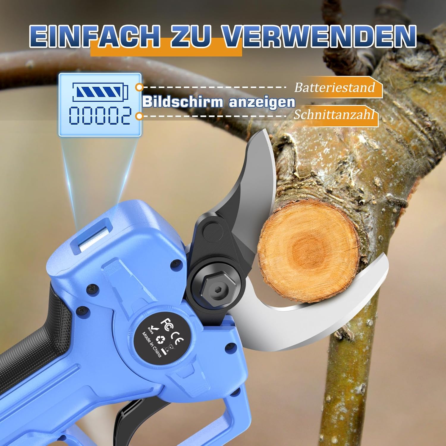 Akku Astschere 70mm, Gartenschere Akku mit 4-Stufige, 2×4000mAh Akku,1000W Bürstenloser Motor Bypass Baumschere, LCD-Display & Sicherheitslock, SK7-Klingen, Elektrische Astschere für Garten, Obstbäume