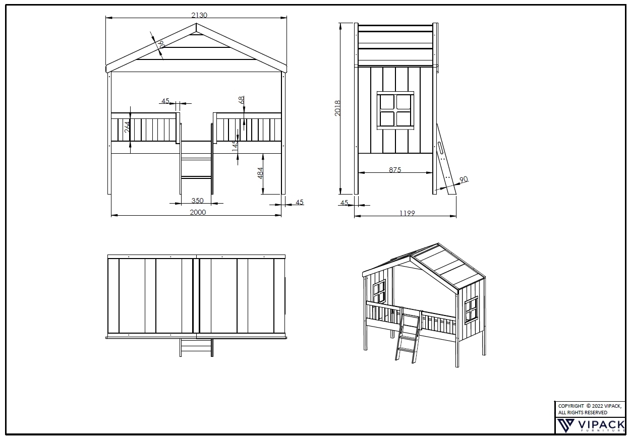 Hausbett - weiß - teilmassiv - mit Leiter - 90x200 cm