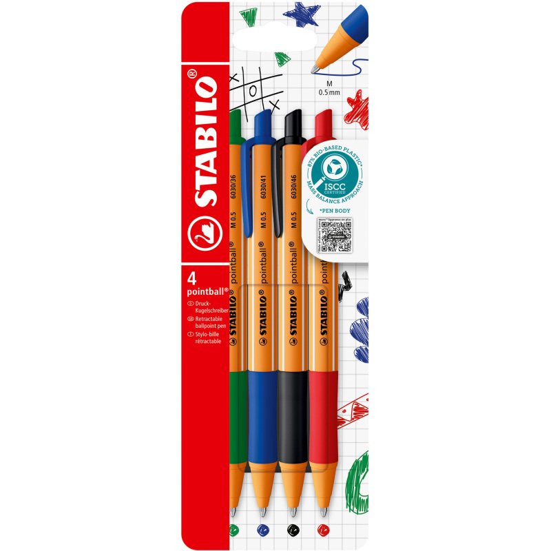 Stylo bille Stabilo Pointball rétractable pointe 2,5 mm - écriture moyenne - Pochette de 4 couleurs assorties