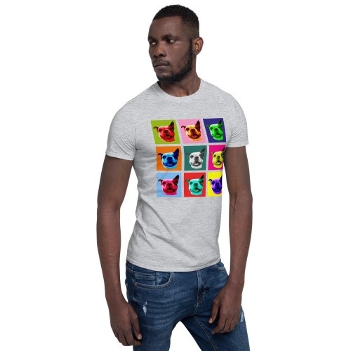 Camiseta masculina Mascochula, estilo Warhol, personalizada com a foto do seu animal de estimação cinza.