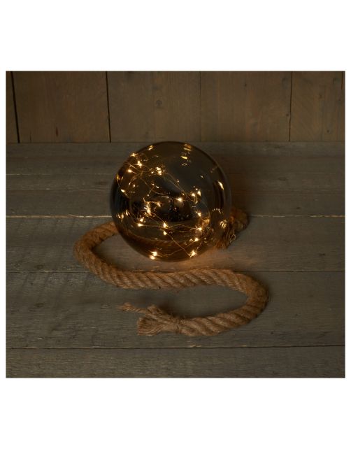 Anna's Collection Kerstlamp Bol Aan Touw - Kerstverlichting - 18 cm Antraciet Warm Wit 15 led