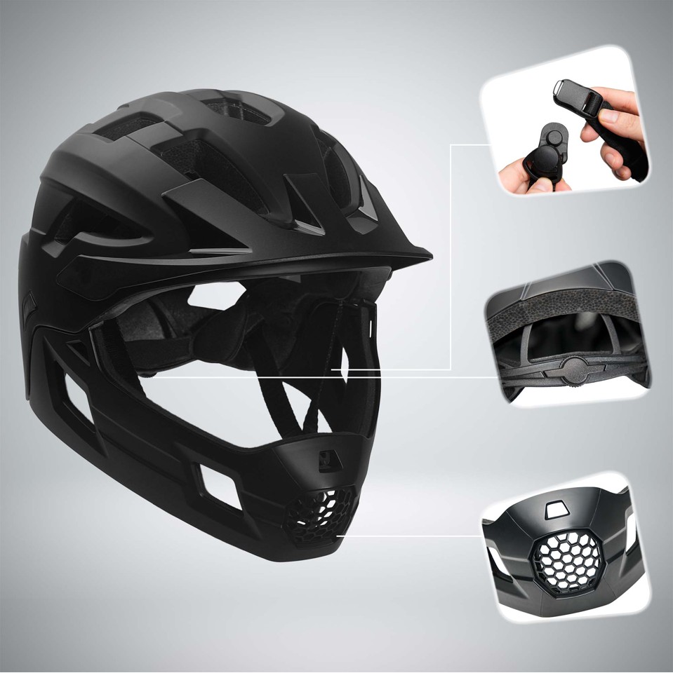 Crazy Safety - Fullface cykelhjelm til børn 6-12 år med aftagelig hagerem, insektnet og solskygge - Sort - M (54-57 cm)