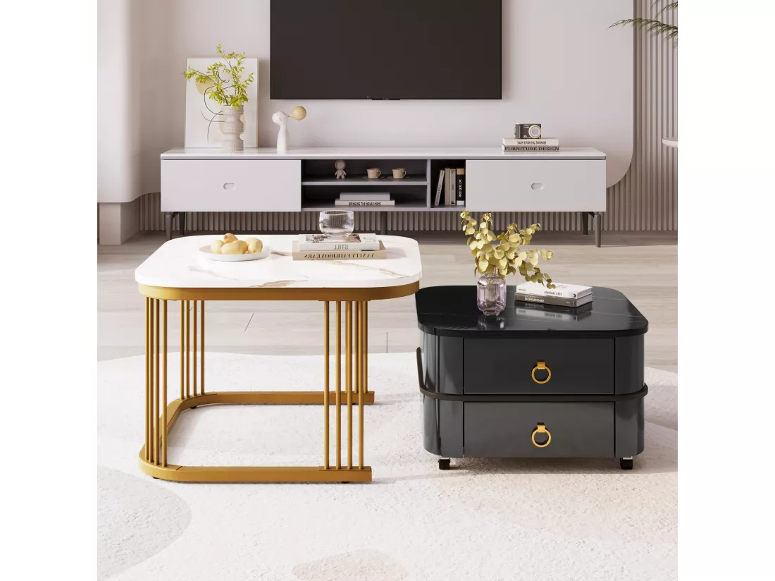 Lot de 2 tables basses gigognes avec 2 tiroirs, table basse carrée - plateaux en motif marbre - bois et métal - noir brillant