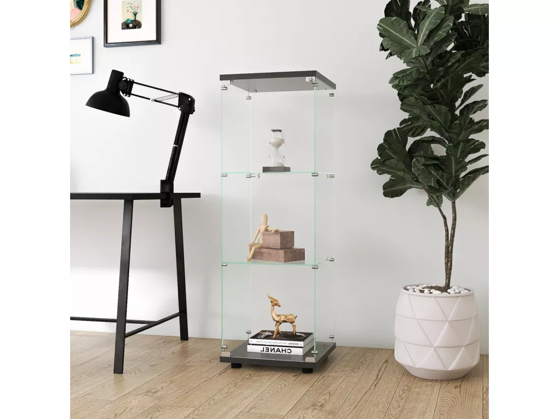 Vitrine en Verre - 3 étagères en Verre - bibliothèque à Poser au Sol pour Chambre à Coucher - Armoire Moderne en Bois avec Portes et Serrure - Noir