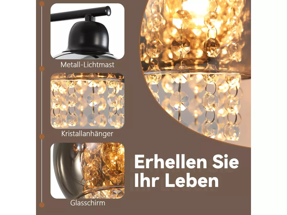 NETTLIFE Applique murale en verre gris fumé avec boule en cristal E27 pour chambre à coucher, lampe d'intérieur moderne pour couloir