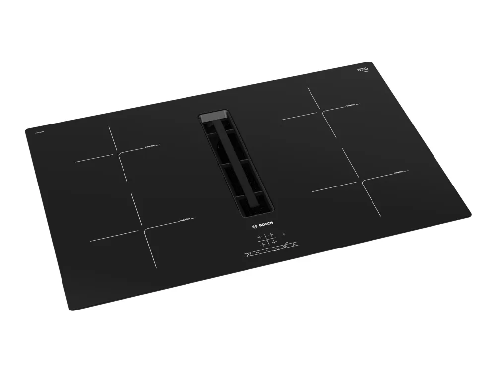 Bosch Serie | 4 PIE811B15E - Induktions kogeplade - 4 plader - Niche - bredde: 75 cm - dybde: 49 cm - Klasse B - rammeløs - sort med downdraft-udstødning (ekstraktion og recirkulation med ekstra ekstraktion og recurkulationssæt)