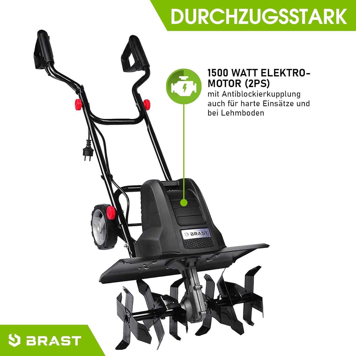 BRAST Motorhacke Gartenfräse Elektro | 1050-1800 Watt | 36-45cm Arbeitsbreite | 4 Modelle | Schutzblech Antiblockierkupplung & Sicherheitsschalter | für kleine bis große Grundstücke | BRE-AF 1500