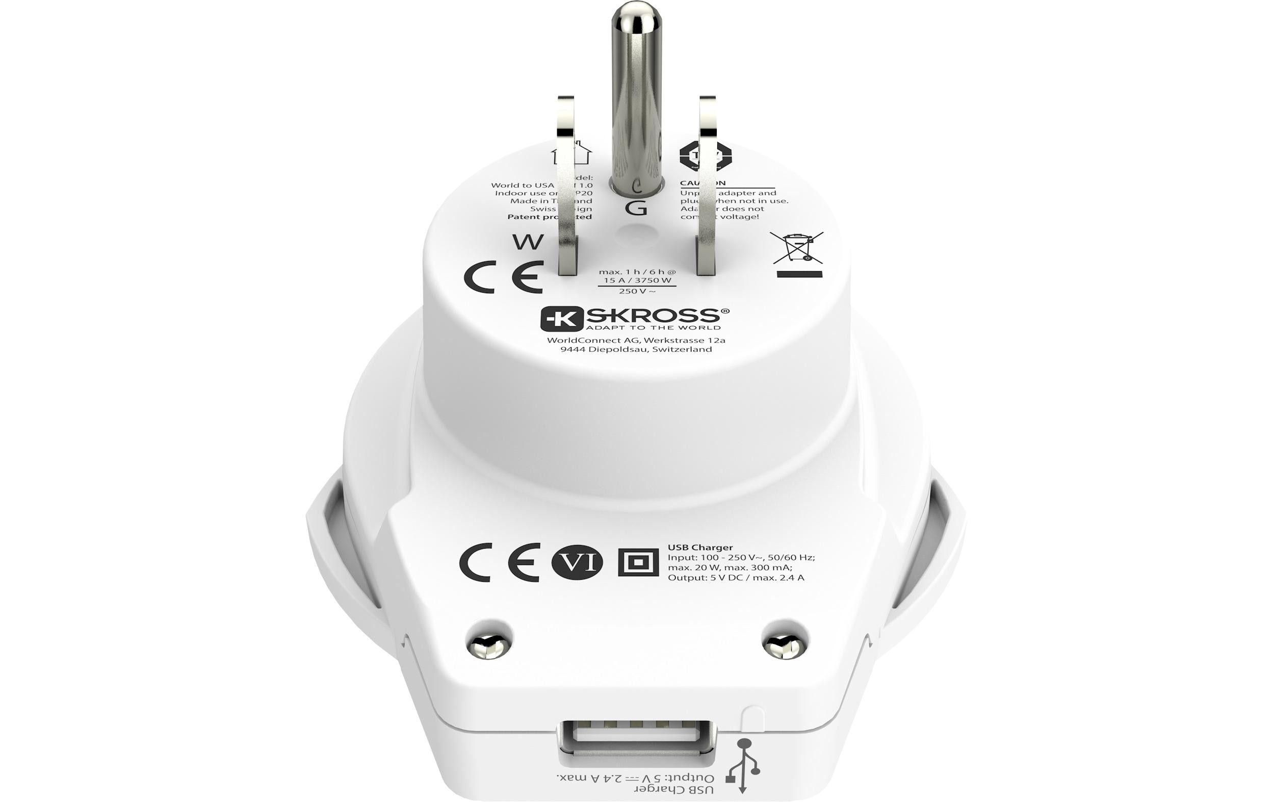 Reiseadapter World USA mit USB LadegerätKompakter Reisestecker World zu USA mit USB Ladeanschluss