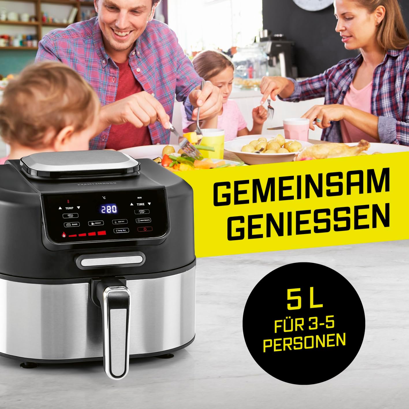 GOURMETmaxx Heißluftfritteuse FryBBQ | Airfryer mit Ober-/Unterhitze | 5 L Multikocher Heissluftfritteuse mit 5 Modi inkl. Dörren | 2in1: Fritteuse & Grill – mit Aludruckguss-Rost & Grillthermometer