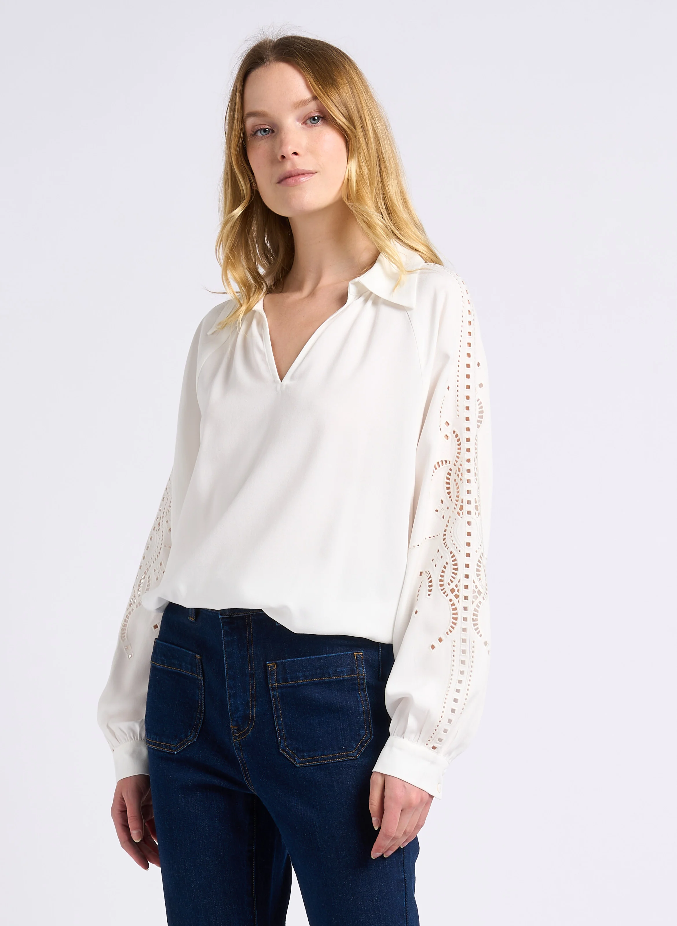 LORY - Blouse droite ajourée| Blanc