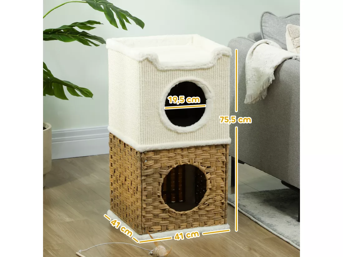 Tour à griffer pour chat 3 niveaux - 2 niches, panier observation- H.75,5 cm - résine tressée sisal
