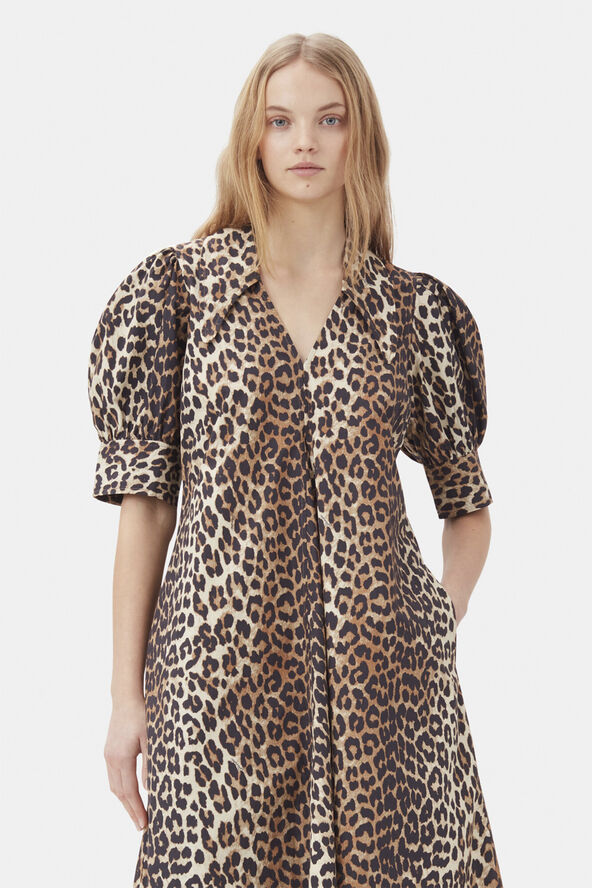 Ganni Printed Cotton Poplin V-neck Long D Leopard