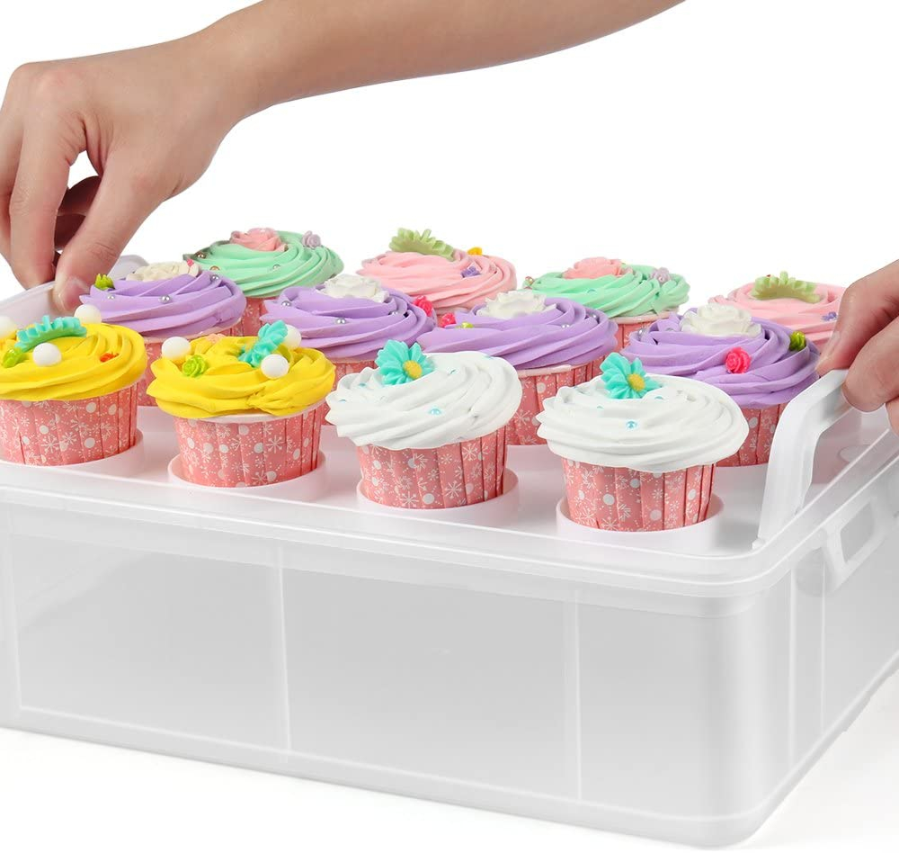 Muffin Transportbox Kuchen Behälter mit Griff für 24 Cupcakes - Transparent / Weiss