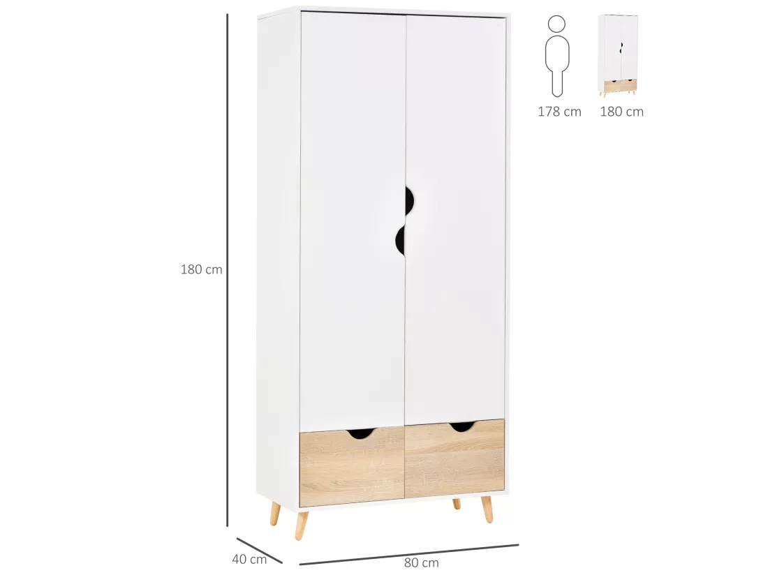 Armoire de rangement design scandinave - armoire de chambre - placard 2 portes avec penderie et étagère - 2 tiroirs coulissants - panneaux particules blanc chêne clair