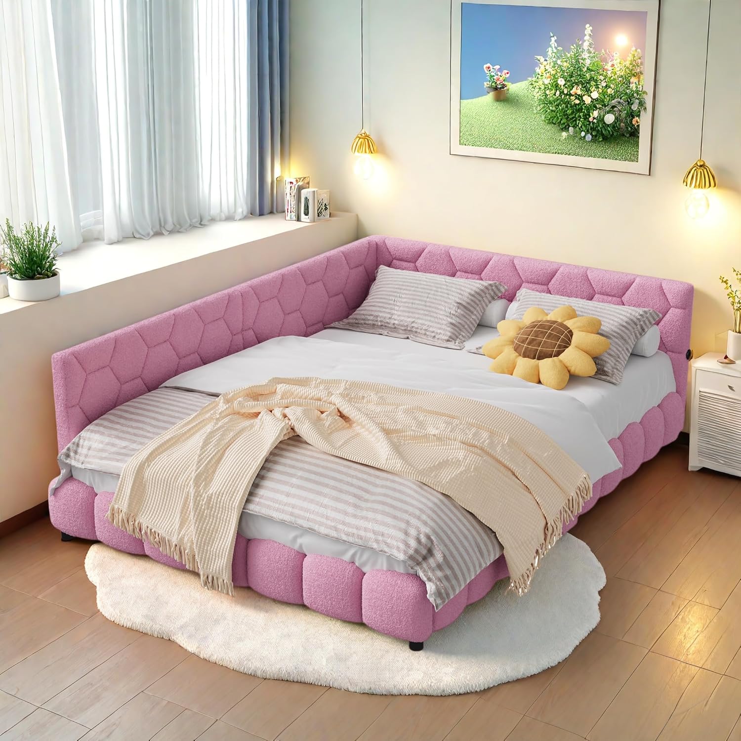 Polsterbett Schlafsofa 140x200cm, mit Umgebungslicht und USB-Anschluss, Kinderbett mit Lattenrost, Funktionsbett, Jugendbett,Lammwollmaterial, Rosa