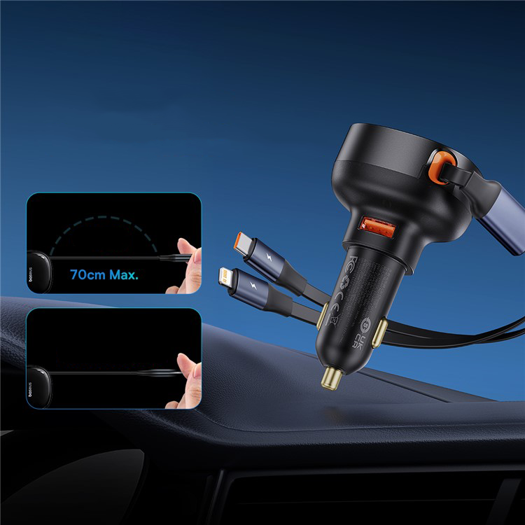 (60W) USB A Auto KFZ Ladegerät mit einziehbarem USB C / Lightning Kabel - Schwarz