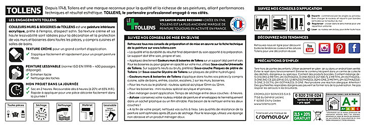 Peinture murs et boiseries Tollens touche de gris satin 2,5L +20% gratuit