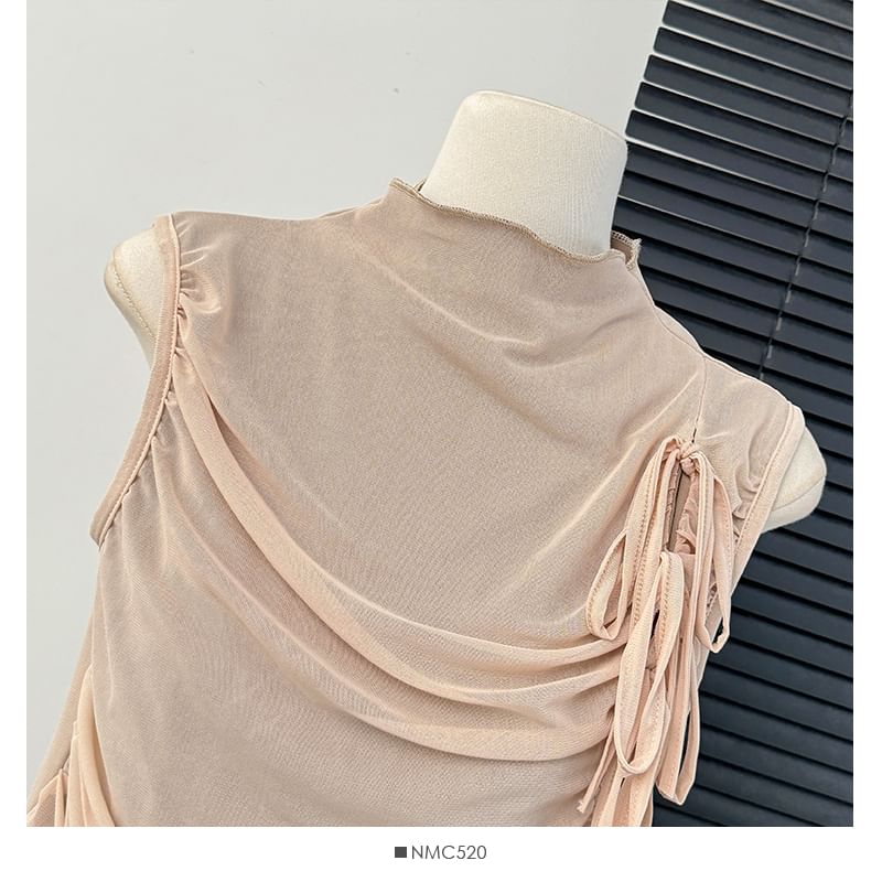Lemongrass - Mouwloze crop top met geplooide mesh en hoge hals