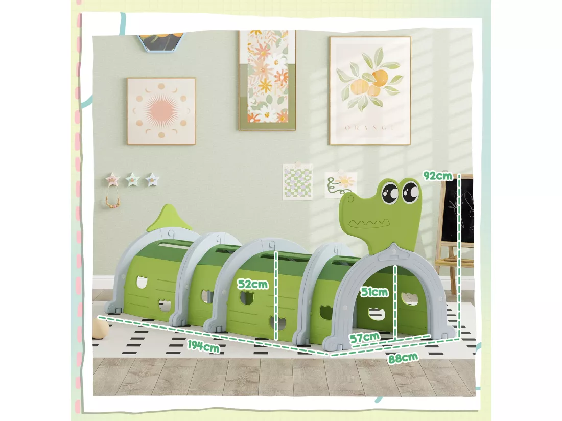 Tunnel de jeu pour enfants crocodile - parcours de motricité modulable - intérieur extérieur - gris vert