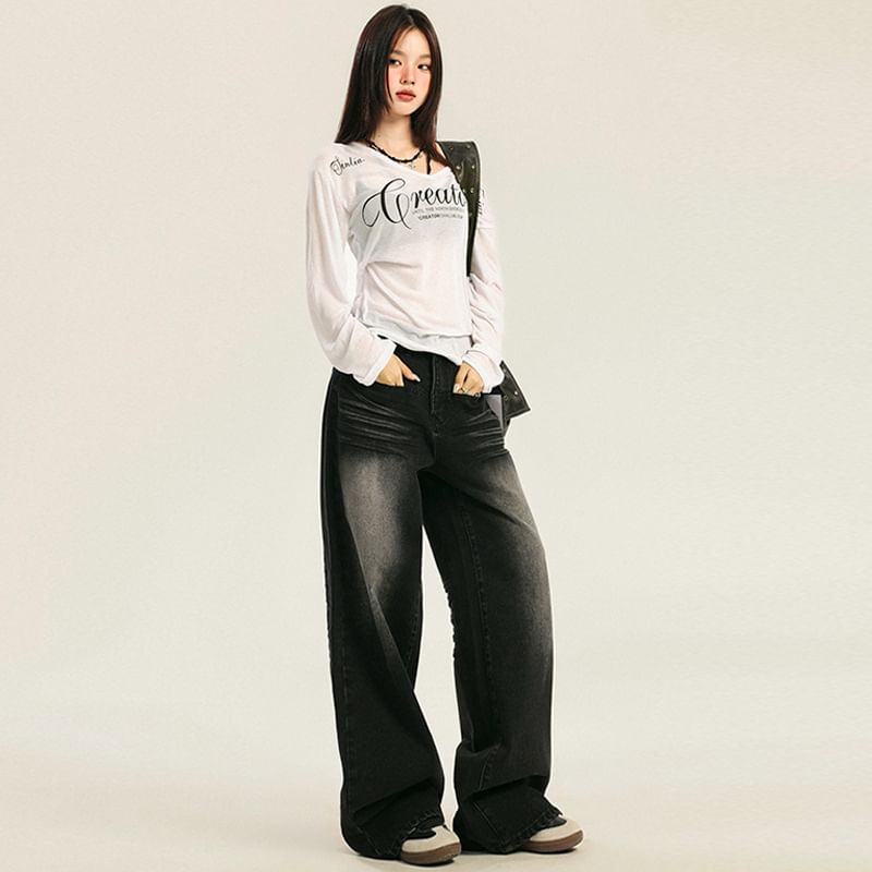 Denimot - Mid Rise Washed Wide Leg Jeans (diverse designs)
