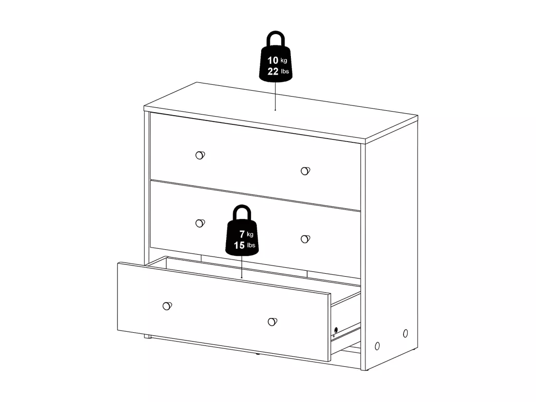 Maria Commode basse avec 3 tiroirs, noyer clair.