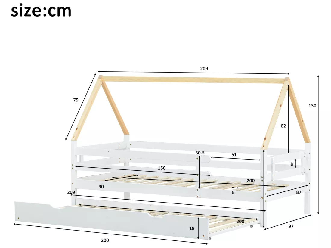 Lit gigogne 90x200cm avec sommier à lattes - lit cabane en bois massif - Blanc