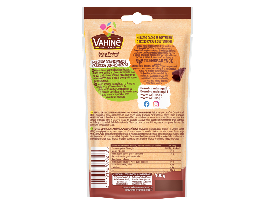 PEPITAS VAHINÉ CHOCOLATE NEGRO 100G