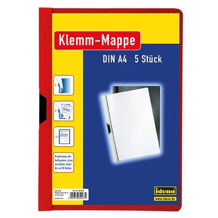 Idena Klemm-Mappen, DIN A4, 5 Stück, mit transparentem Deckel, rot