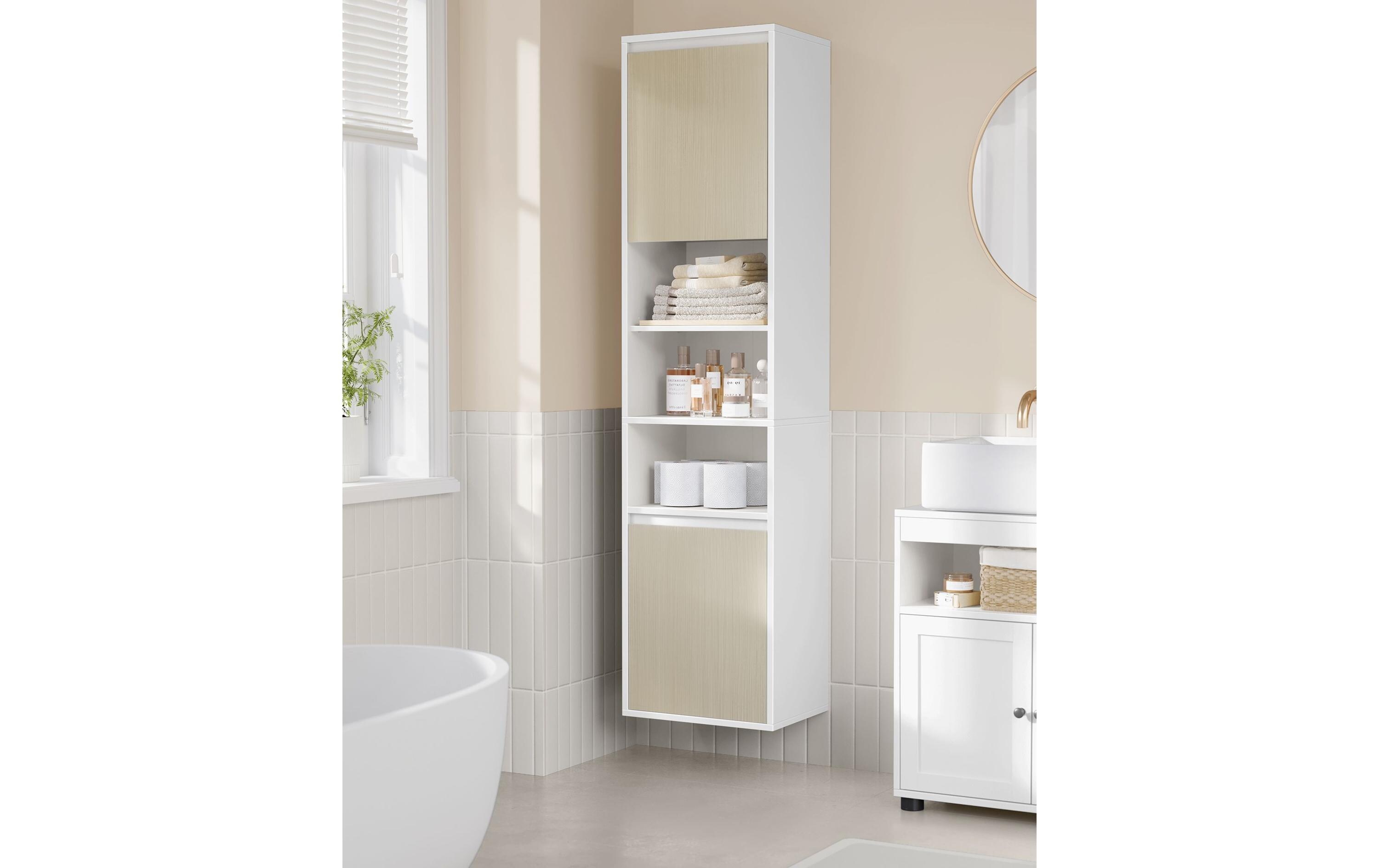 Kommode Bathroom Cabinet, 40 x 160 cm, Weiss-Beige<br>Hängender Badezimmerschrank mit 7 Fächern