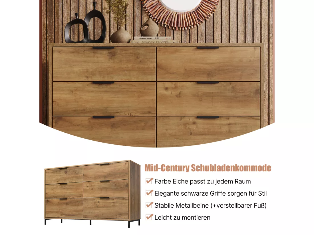 Commode, buffet avec 6 tiroirs, 120 x 40 x 76 cm, Panneaux de particules + métal, Chêne foncé
