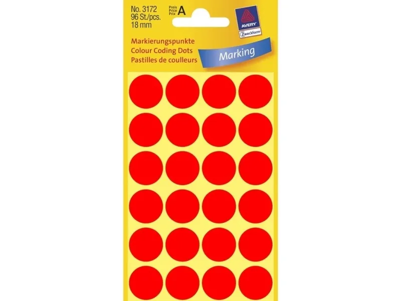 Etiket Avery klar rød Ø18 mm - (4 ark x 24 stk.)