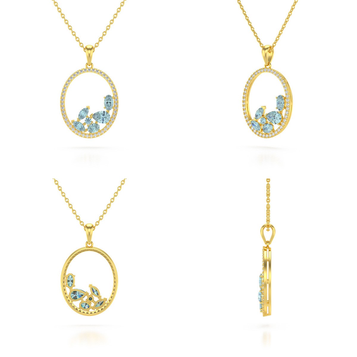 Collier Pendentif Or Jaune 585 Aigue-Marine et Diamants Chaine Or incluse 2.096grs